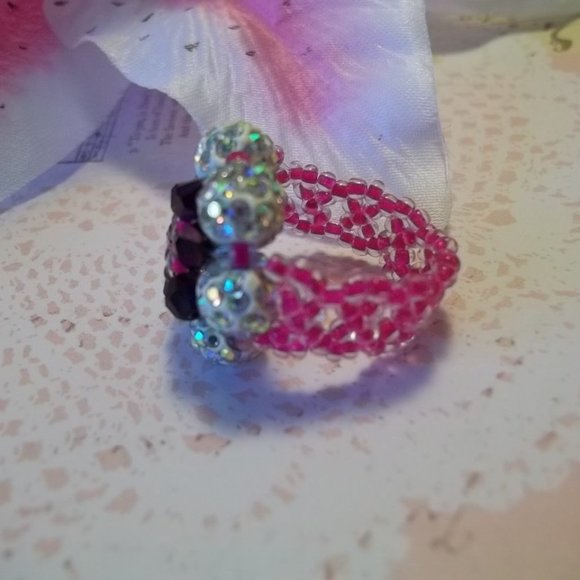 Boho Retro Shamballa /Disco Ball Flower Handcrafted Beaded Ring   Size 6-7 - Picture 3 of 5